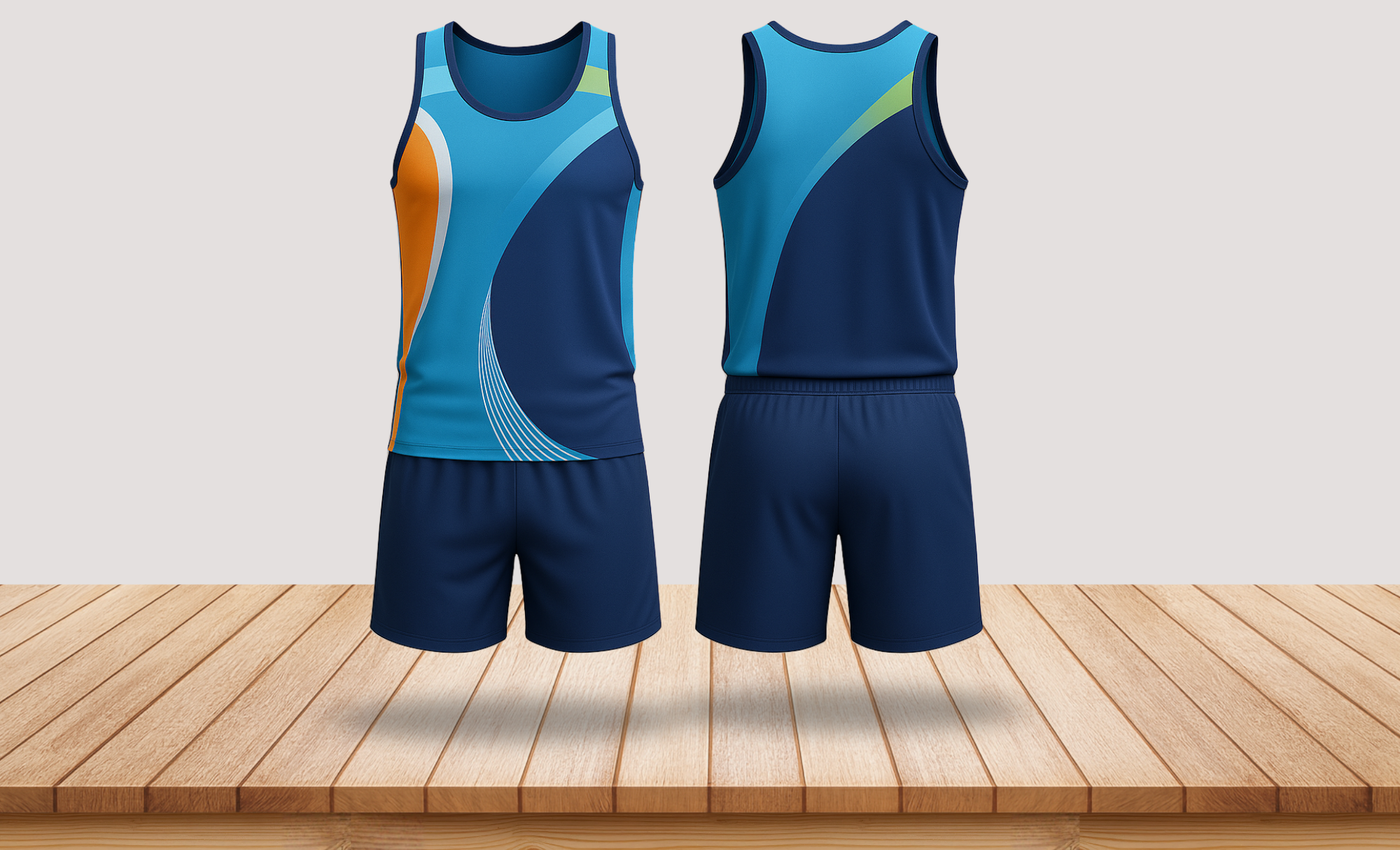 Front and back of a blue sleeveless top and shorts set