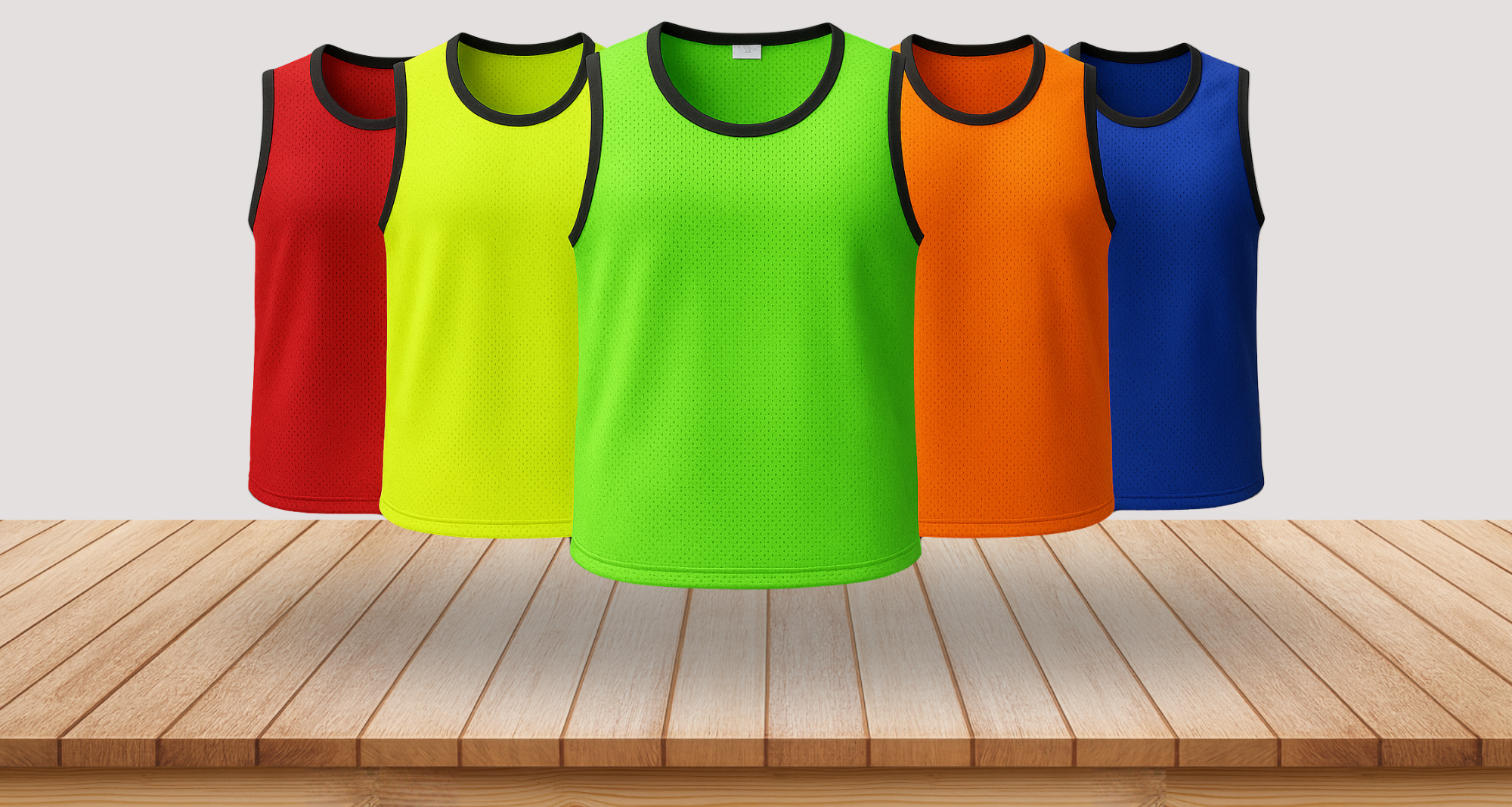 Five brightly coloured sleeveless training bibs