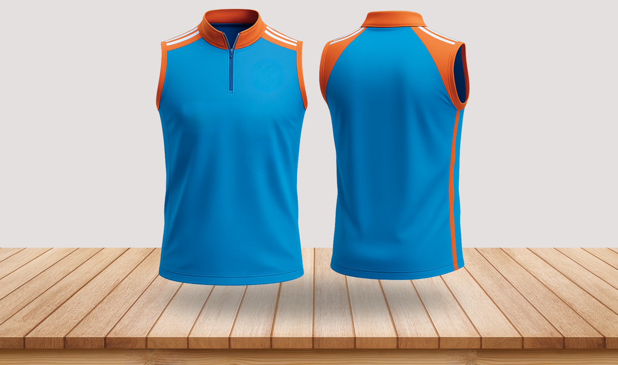 Front and back of a blue and orange custom training top