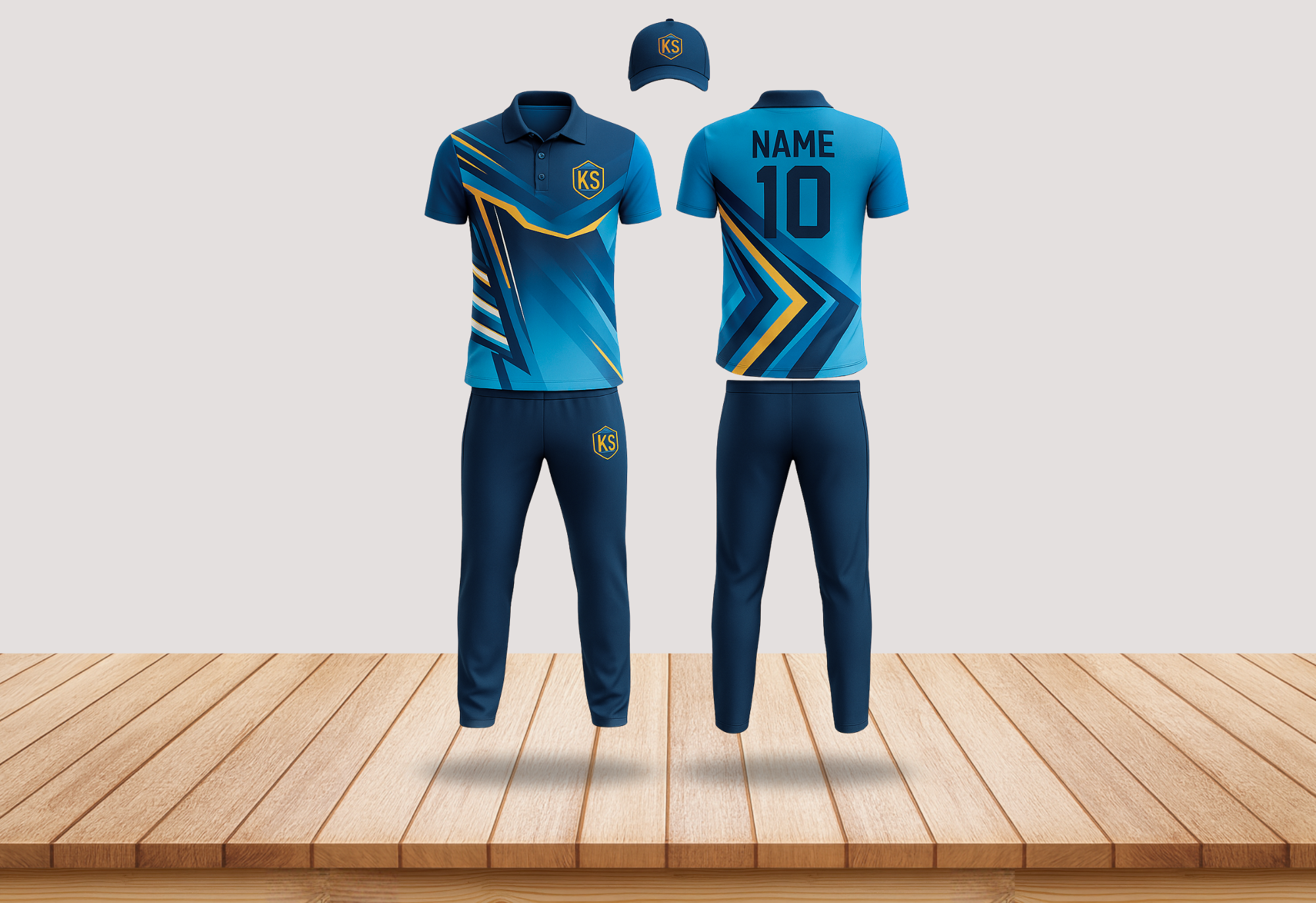 Front and back of a complete custom blue cricket team kit with cap